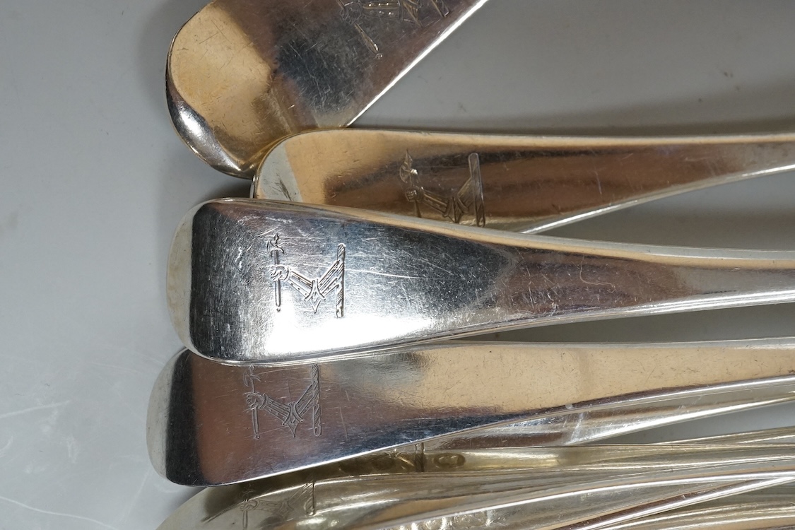 A harlequin part canteen of 19th century Old English pattern flatware, comprising thirty items, all with engraved crest, various dates and makers, 38.1oz.